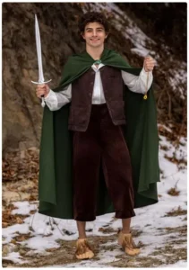 Frodo smiling with a sword in his hand